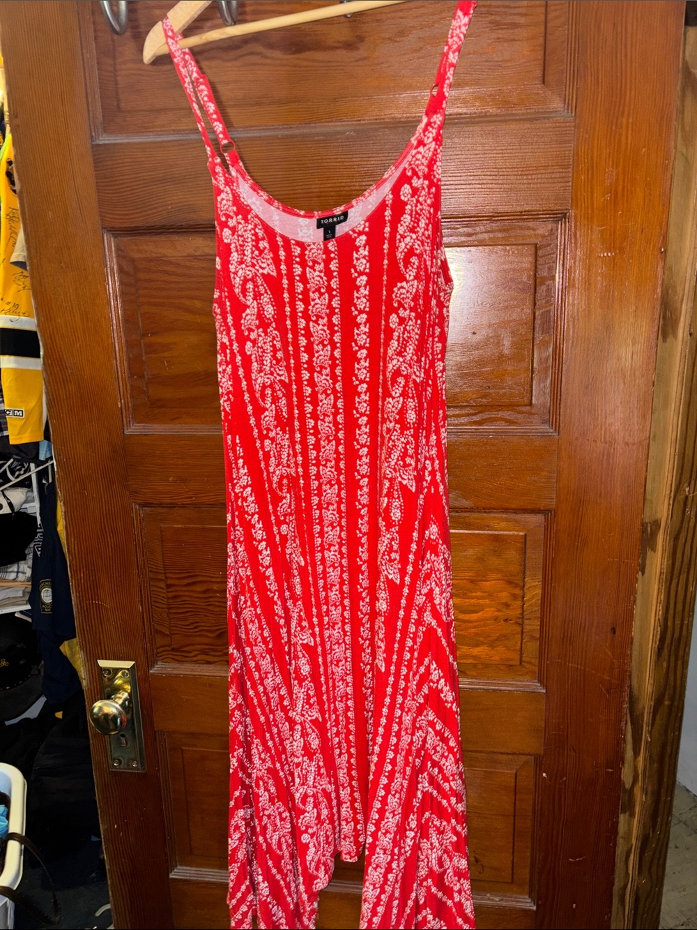 DKNY Red and White Printed Spaghetti-Strap Maxi Dress